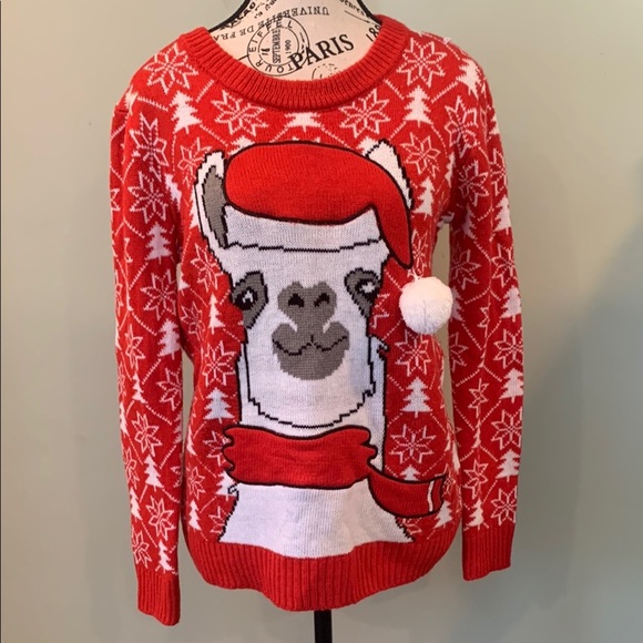 Poof New York Christmas Llama Fun Ugly Holiday Sweater Red White Women’s Small - Picture 1 of 5